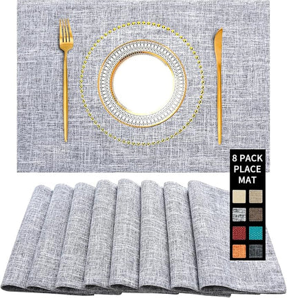 Cloth Placemats Set of 8, Double Thickened Washable Dining Table Mats Place Mats Indoor/Outdoor Linen Place Mats for Dinner Table Durable Table Mats Easy to Clean(Silver Gray)