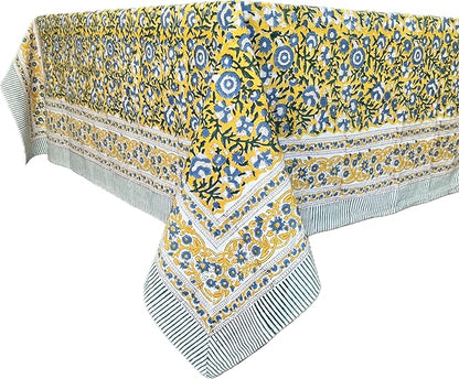 ATOSII Marigold Blue Yellow 100% Cotton Fall Tablecloth, Handblock Print Square Table Cover for Kitchen Dining Linen I Parties, Weddings, Outdoors, Easter Table Decor 60 X 60 Inches I 4 Seater