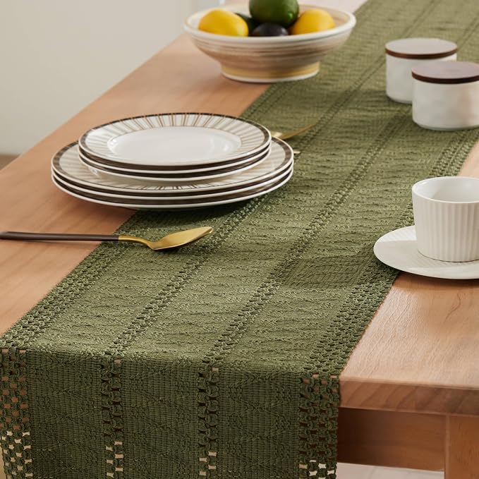 Macrame Style Boho Table Runner, 12x108 Inch Moss | Woven Boho Table Runner - Image 5