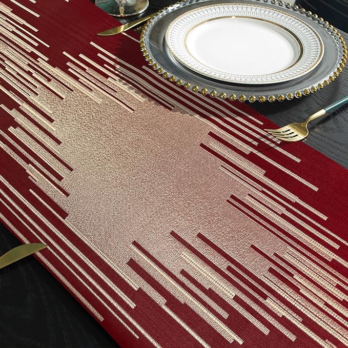 Luxury Red Faux Silk Table Runner, Modern Geometric Lines, Tassel | Table - Image 5