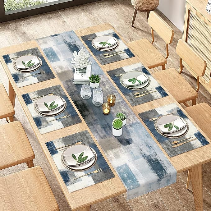 Emvency Table Runner and Placemats Set of 6, Abstract Farmhouse Painting | Blue - Image 5