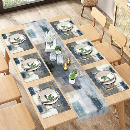 Emvency Table Runner and Placemats Set of 6, Abstract Farmhouse Painting | Blue - Image 5