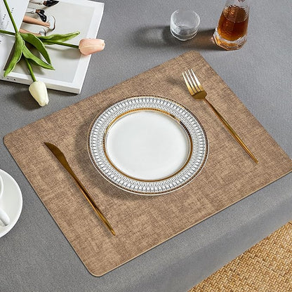 Faux Leather Placemats Set of 6, Heat Resistant Wipeable Washable Vinyl Place Mats, Waterproof Anti-Slip Dining Table Mats, Suitable for Indoor & Outdoor Use (Light Brown)