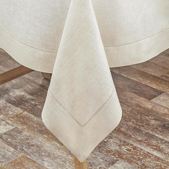 D'Moksha Homes Light Natural Linen Tablecloth 52 x 52 Inch - 100% Pure Linen Square Table Throw - Classic Hemstitch, Machine Washable Table Cloth for Valentines, Spring, Easter