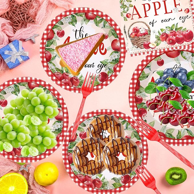 96Pcs Apple of Our Eye Baby Shower Decorations, Watercolor Apple Plates Napkins - Image 5