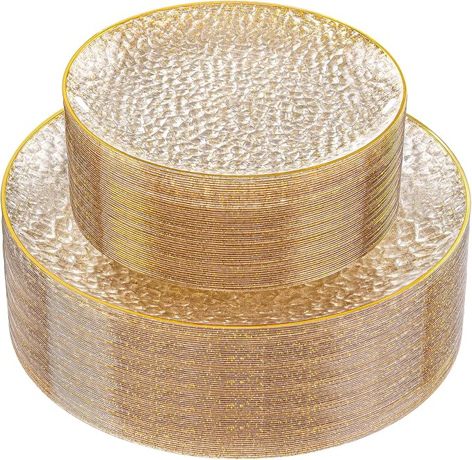 Rubtlamp 60Pcs Clear Gold Plastic Plates, Hammered Plastic Plates Included 30 by Rubtlamp
