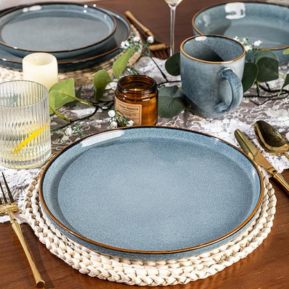 GBHOME 16 Pieces Double Bowls Ceramic Dinnerware Sets for 4, Stoneware Plates and Bowls Set with Reactive Glaze, Scratch Resistant Stoneware Dishes Set, Dishwasher & Microwave Safe