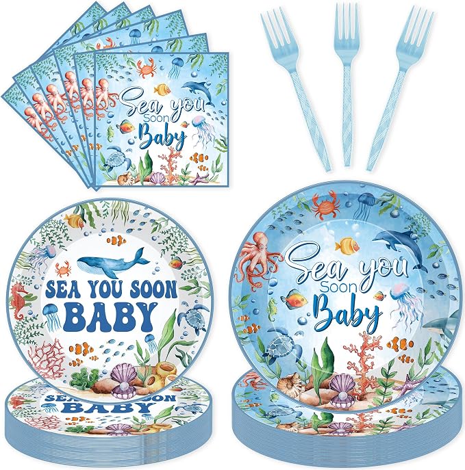 96 Pcs Sea You Soon Baby Shower Decorations, Ocean Theme Plates Napkins Forks by EoBeCy