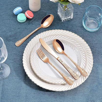 Runfly Vintage Carved Rose Gold Stainless Steel 20-Piece Flatware Set | - Image 6