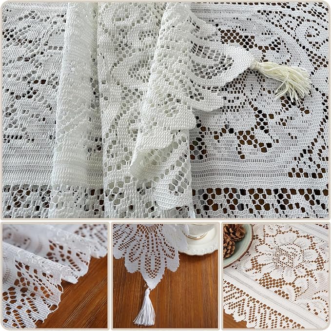 2Pcs Lace Table Runners with Tassels, Farmhouse Boho Doily Vintage Floral - Image 3
