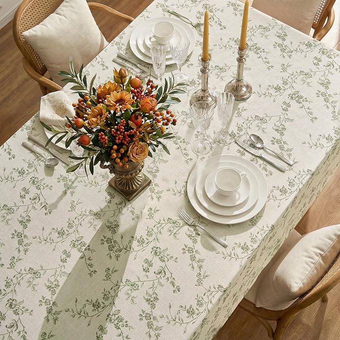 jinchan Green Farmhouse Floral Linen Square Table Cloth 52 x 52 Inch | - Image 3