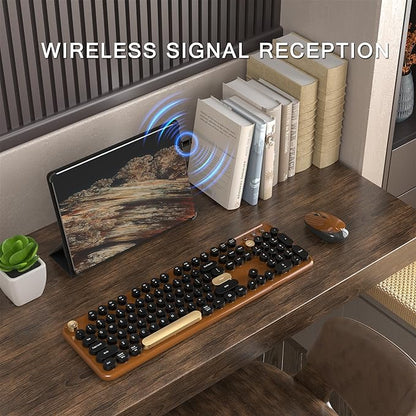 Colorful Wireless Computer Keyboard and Mouse Combo with Round Typewriter Keycaps, Retro Design, Power Switch, Ergonomic Design, 2.4GHz Wireless for Windows, Mac, PC(Black-Brown)