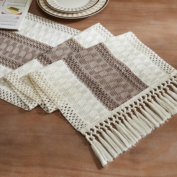 Macrame Style Bicolor Stitching Table Runner 14x72in Cocoa Brown | Woven Boho by ZEEMARTONLINE
