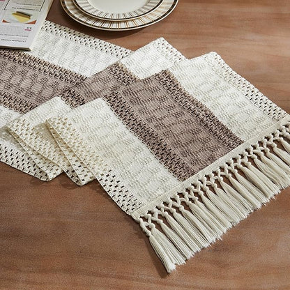 Macrame Style Bicolor Stitching Table Runner 14x108in Cocoa Brown | Woven Boho by ZEEMARTONLINE