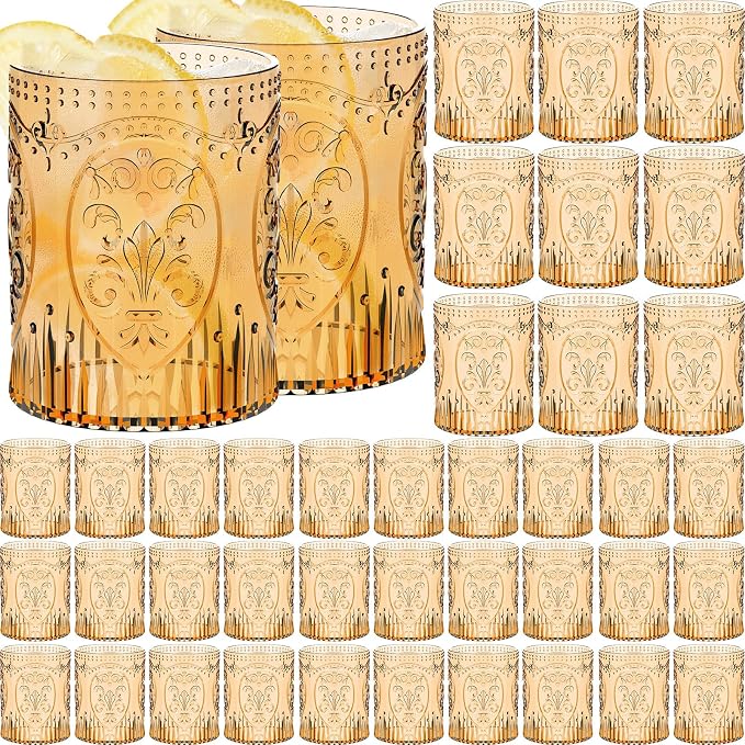 Qinyoung 48 Plastic Vintage Drinking Glasses 8.5oz Stemless Retro Embossed Wine by Qinyoung