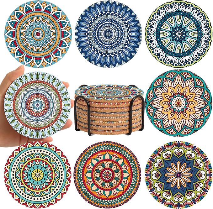 Cork Coasters Set of 8 with Holder, Colorful Cup Coasters by Puluole