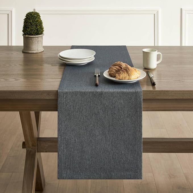 Basic Linen Style Table Runner, 14x36 Inch Charcoal | Mitered Corner Design - Image 2