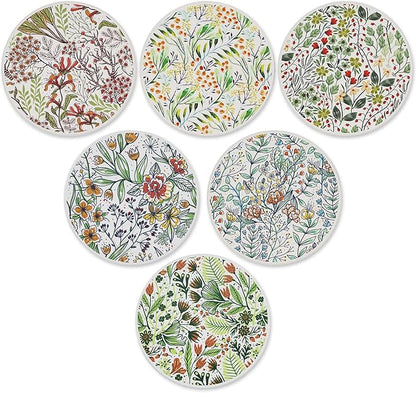 AD Set of 6 Coasters for Drinks Absorbing Round Ceramic Stone Coaster with Cork Base,Tabletop Protection Mat for Mugs and Cups,Office,Kitchen (Bontanicals with Holder)