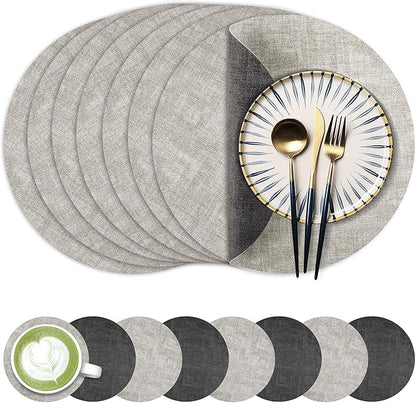 13-Inch Faux Leather Round Placemats Set of 8, Waterproof Anti-Slip Dual Sided Place mats, Heat Resistant Washable Table Mats with Coaster, Suitable for Indoor & Outdoor (8, Black Light Gray)