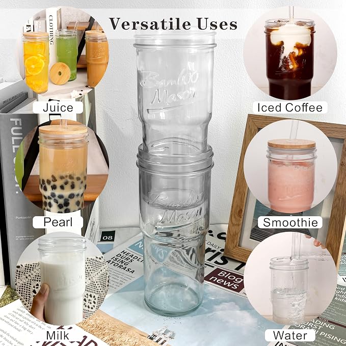ANOTION Glass Cups with Lids and Straws 2 Packs, 24oz Travel Coffee Mug Wide - Image 4