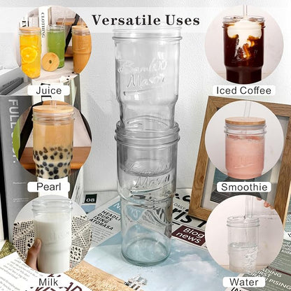 ANOTION Glass Cups with Lids and Straws 2 Packs, 24oz Travel Coffee Mug Wide - Image 4