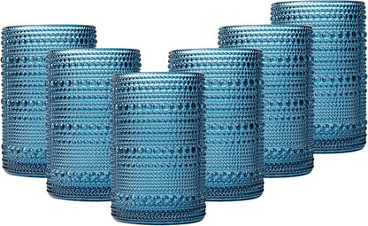 JOVGANK Blue Vintage Hobnail Drinking Glasses Set of 6, Water Tumbler 15oz by JOVGANK