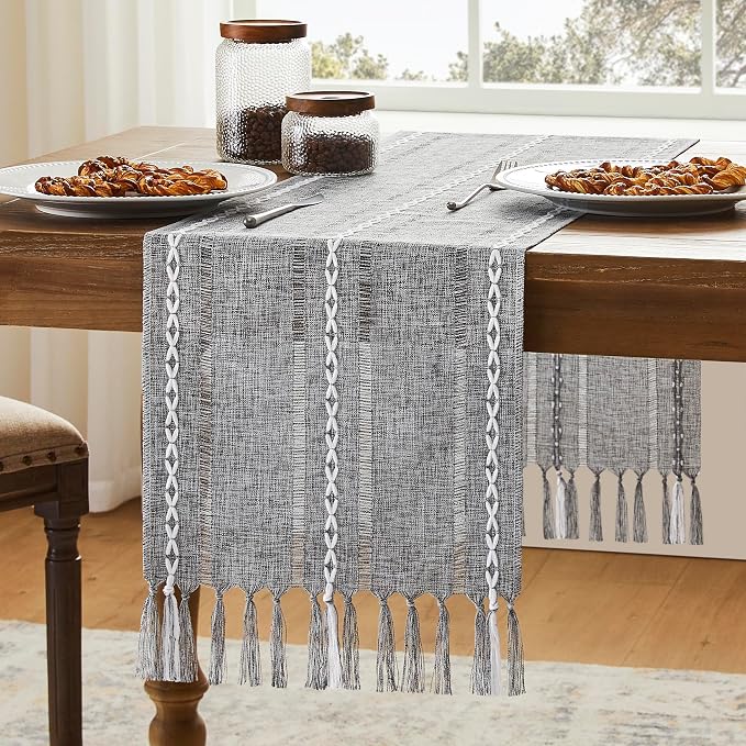Hemstitched Farmhouse Table Runner, Charcoal 13x108 Inch, Cotton Linen Table by Unknown
