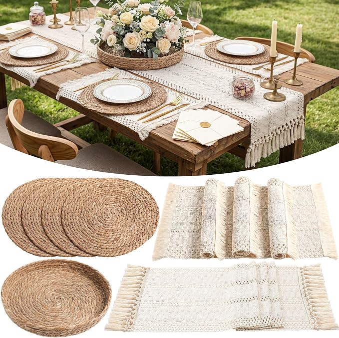 Boho Placemats 4/6/8 Set of Round Woven Placemat Macrame Style Bicolor by Gandeer