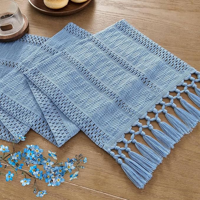 Boho Table Runner for Blue Tassel Home Decor 108 Inches Long, Modern Farmhouse by Niviy