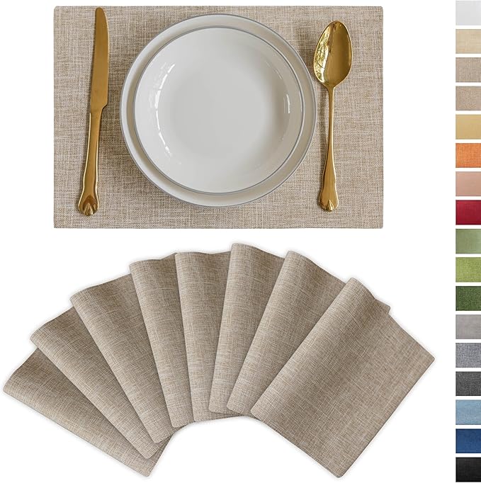 Demetex Linen Textured Placemats Set of 8 Farmhouse Table Place Mats Wipeable Heat Resistant Placemat for Dining Room Kitchen Restaurant, 13x19 inch, Burlap