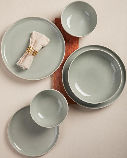 32 Piece Dinnerware Set for 8 with Pasta Bowls, Gray Green Reactive Glaze Stoneware | All‑in‑One Host Set for Entertaining, Holiday Meals, Multi‑Course Dish Set | Unique Irregular Look