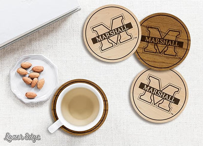 LazerEdge Marshall Thundering Herd Wooden Coaster Set - Cherry Wood - Officially Licensed Product - 4-Pack