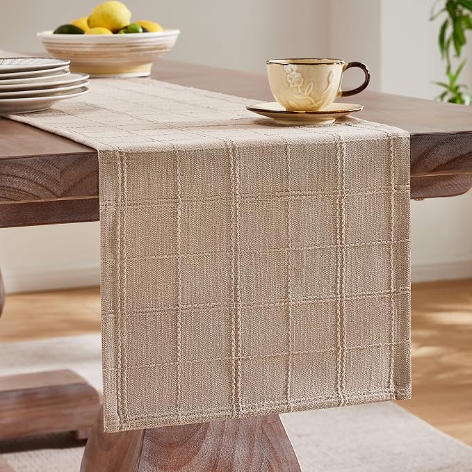 Linen Checked Farmhouse Table Runner, 13x60 Inches Taupe | Raised Grid Design - Image 4
