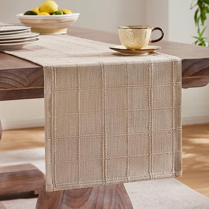 Linen Checked Farmhouse Table Runner, 13x90 Inches Taupe | Raised Grid Design - Image 4