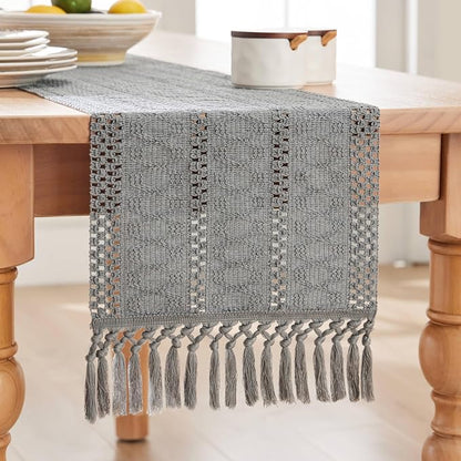 Macrame Style Boho Table Runner, 12x60 Inch Grey | Woven Boho Table Runner - Image 7