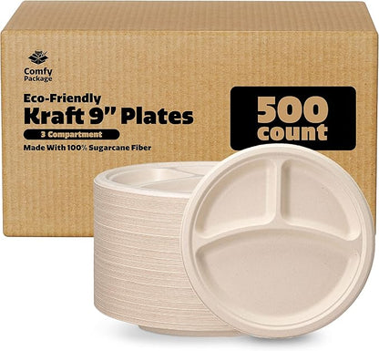 GUSTO [Case of 500 9 Inch Heavy-Duty 100% Compostable, 3 Compartment Eco-Friendly, Kraft Disposable Sugarcane Paper Plates - Brown Unbleached (Formerly Comfy Package)
