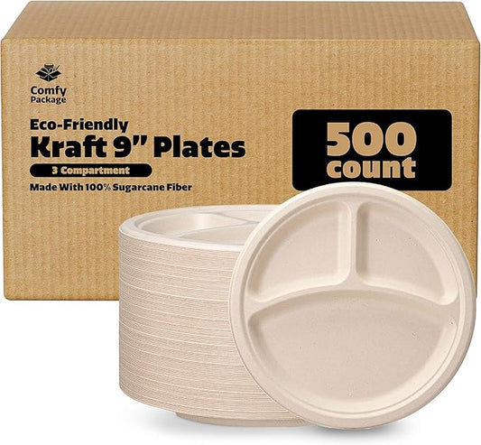 GUSTO [Case of 500 9 Inch Heavy-Duty 100% Compostable, 3 Compartment Eco-Friendly, Kraft Disposable Sugarcane Paper Plates - Brown Unbleached (Formerly Comfy Package)