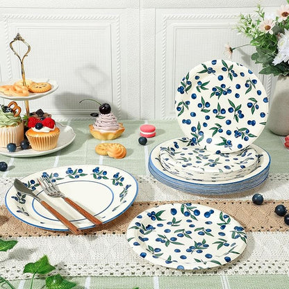 48 Pcs Blueberry Harvest Plates Set Include 9 Inch and 7 Inch Spring Watercolor Disposable Plates Summer Decorative Dinner Birthday Party Tableware for Baby Shower Party Supplies