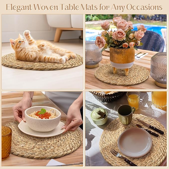 Aneco 12 Pack 13.8-Inch Round Woven Placemats Natural Hand-Woven Boho Rattan Wicker Bulrush Placemat Farmhouse Rustic Braided Table Mats for Dining & Kitchen Decor
