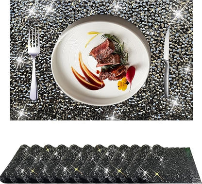 Black Square Placemats - Heat Resistant, Rhinestone Decor, Set of 12