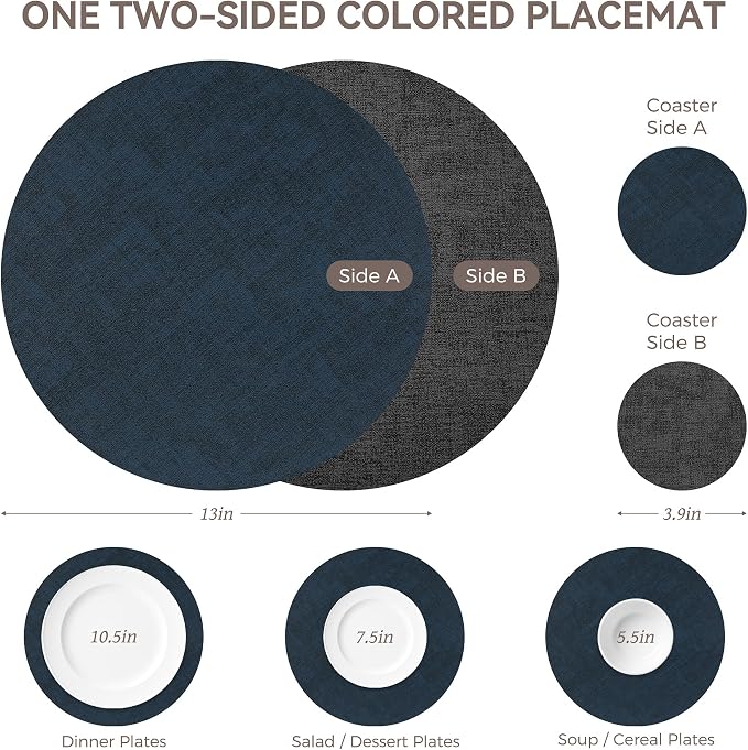 NCUE 13" Faux Leather Round Placemats Set of 4, Reversible Dual-Color | - Image 4