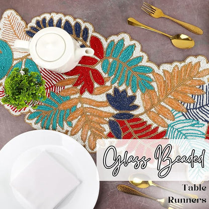 Beaded Table Runner 13x36 in, Leaf Design, Glass Beads | Hand-applied glass - Image 2