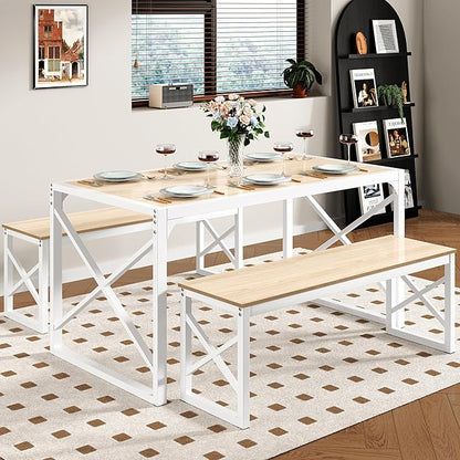 VECELO Kitchen Dining Table Sets for 6, 55" Wood Dinette 2 Benches with Metal Frame for Dinner Breakfast Nook and Small Space, Oak