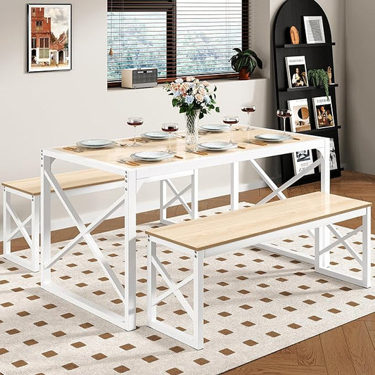 VECELO Kitchen Dining Table Sets for 6, 55" Wood Dinette 2 Benches with Metal Frame for Dinner Breakfast Nook and Small Space, Oak