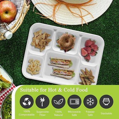 three leaf 6 Compartment Bagasse Tray 100 Ct. Heavy Duty, Super Strong,Eco Friendly Disposable Bagasse Plates,100% Biodegradable Plates, Microwave and Freezer Safe, Ideal for Party, Dinner and Picnic