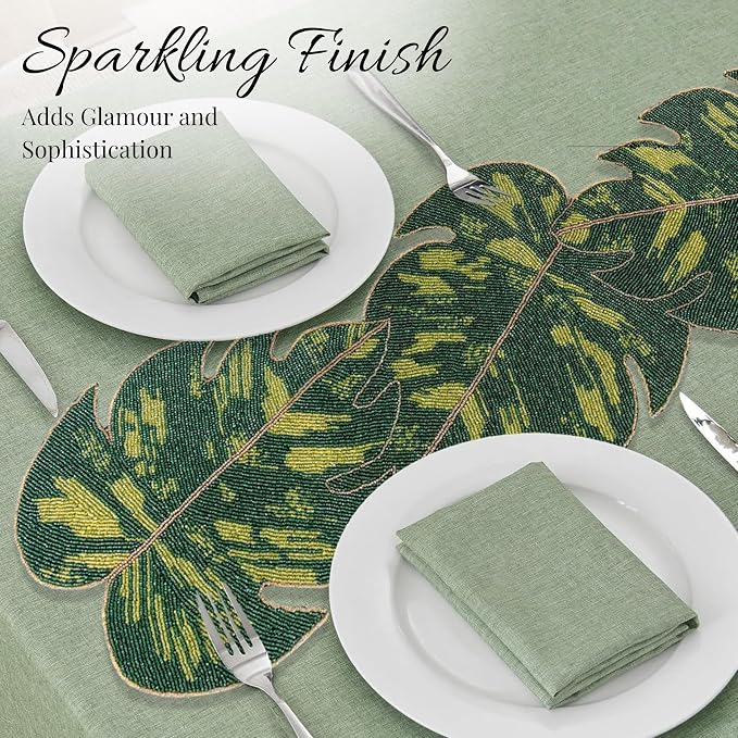 Monstera Leaf Beaded Table Runner 13 x 36 Inch, Handmade Glass Bead Runner - Image 9