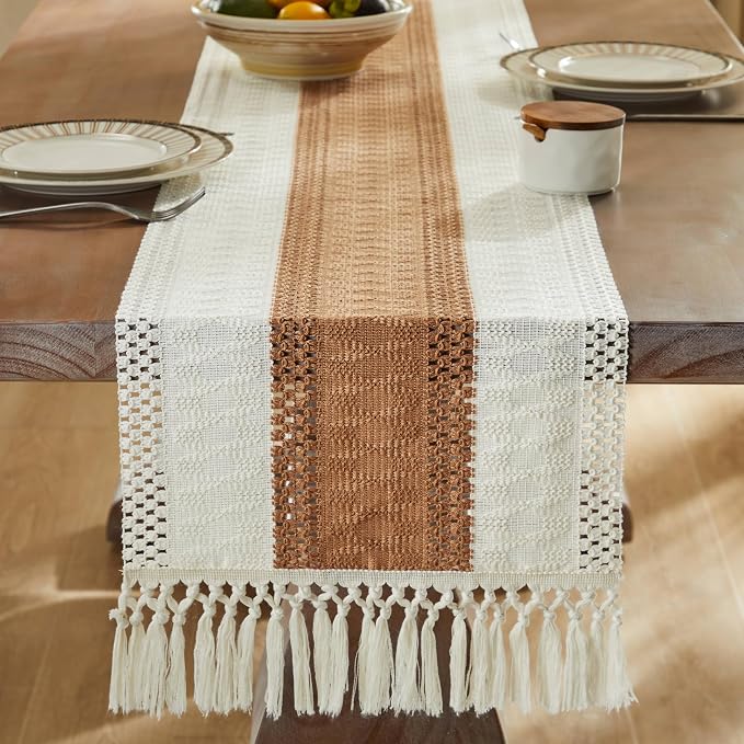 Macrame Style Bicolor Stitching Table Runner 14x36in Caramel | Woven Boho Table - Image 3