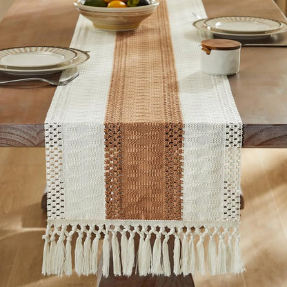 Macrame Style Bicolor Stitching Table Runner 14x36in Caramel | Woven Boho Table - Image 3