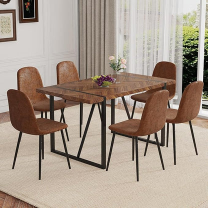 Dinner Table Set for 6, Modern 55'' Wood Dining Table with Fabric Dining Chairs Set of 6,Dining Room Sets for 6,Ideal for Kitchen Dining Room