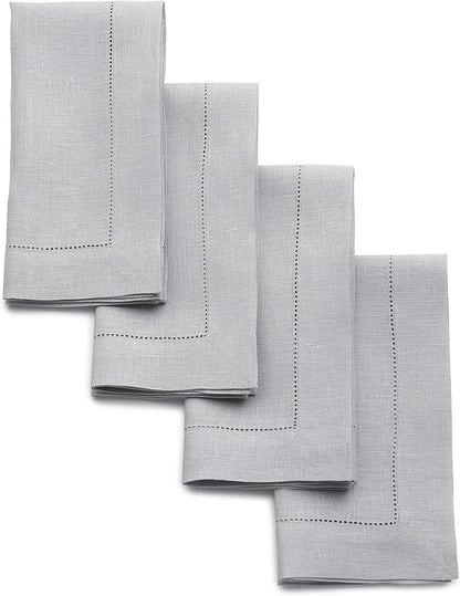 Solino Home Linen Napkins Set of 4 - Classic Hemstitch 100% Pure Linen Soft Grey Dinner Napkins Cloth 20 x 20 Inch for Winter, Spring, Easter - Handcrafted and Machine Washable